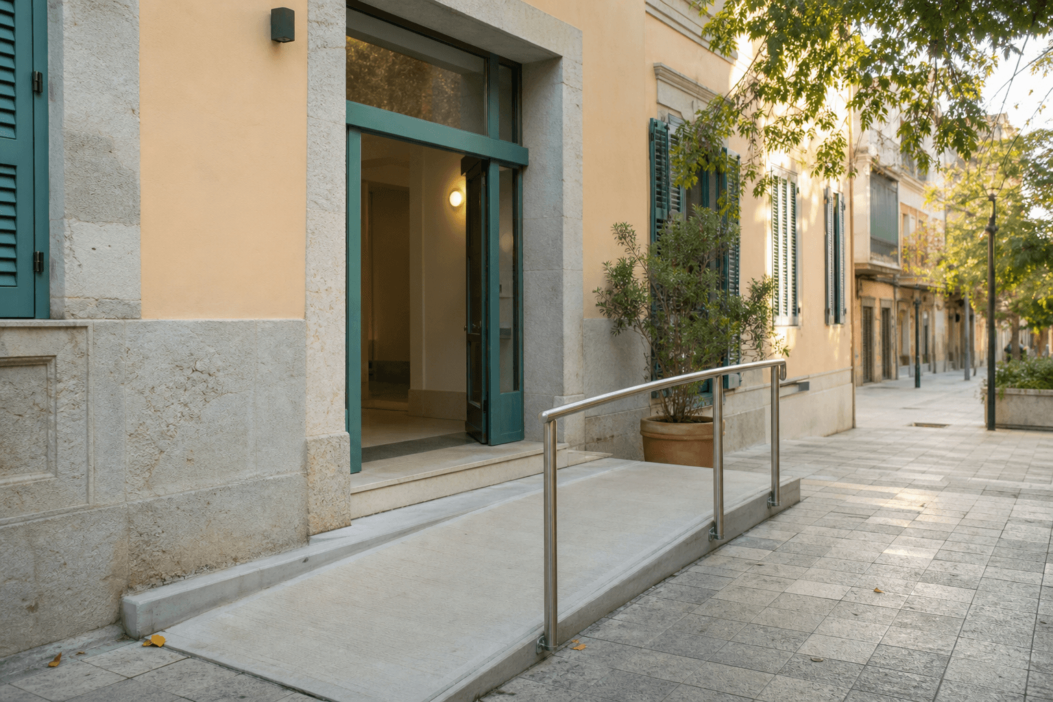 Accessible building entrance with a ramp and handrail